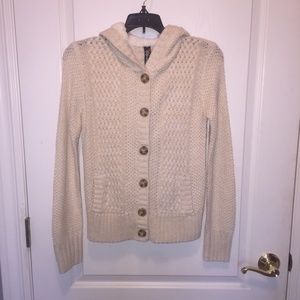 Cream Button-Up Sweater with Fleece Hood